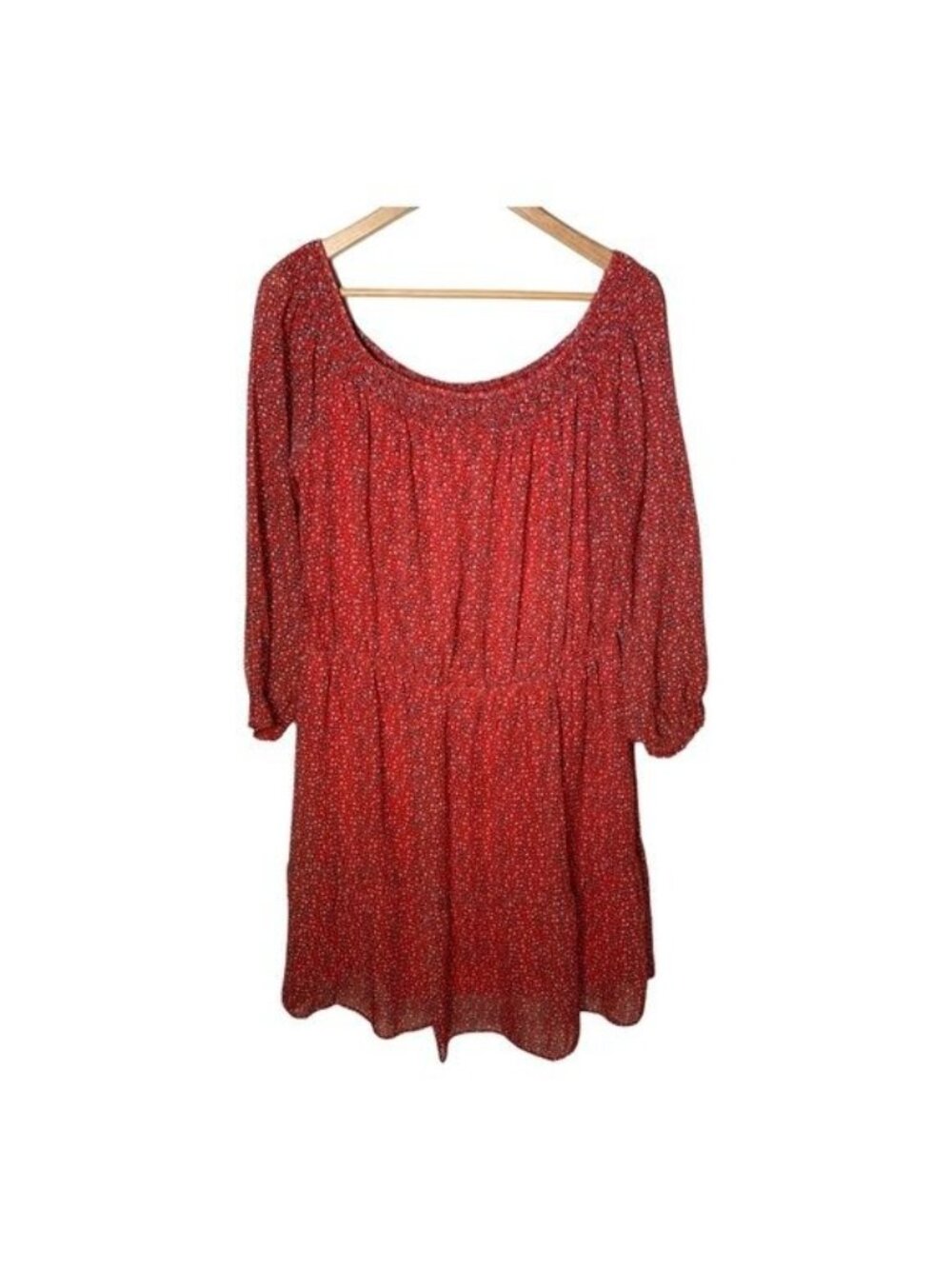 ECI Dress Womens XL Red Black Print Boho Peasant Long Sleeve Fit Flare